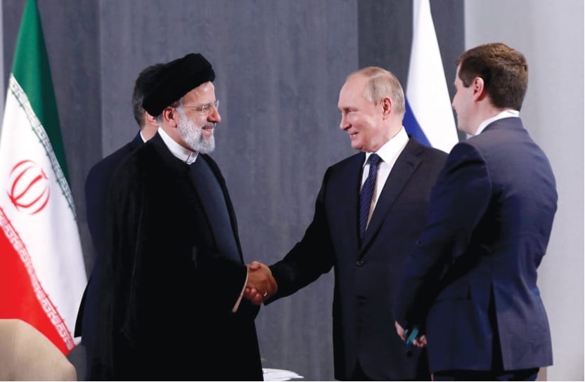 俄羅斯總統弗拉迪米爾．普丁（Vladimir Putin）與伊朗總統易卜拉欣．萊希（Ebrahim Raisi）會面。（照片來源：Iranian Presidential Website/WANA/handout via Reuters）