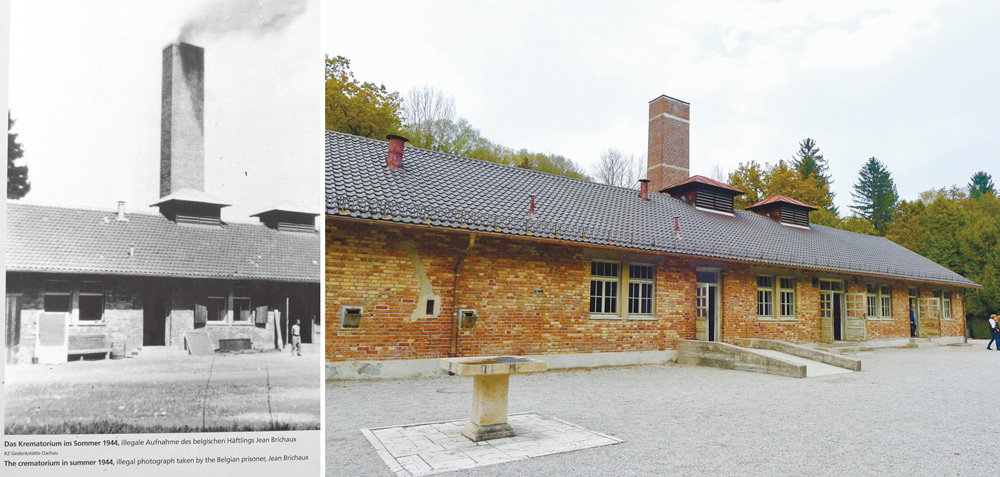 左圖：歷史資料照。右圖：達豪集中營毒氣室外景。（攝影：王桂花）
