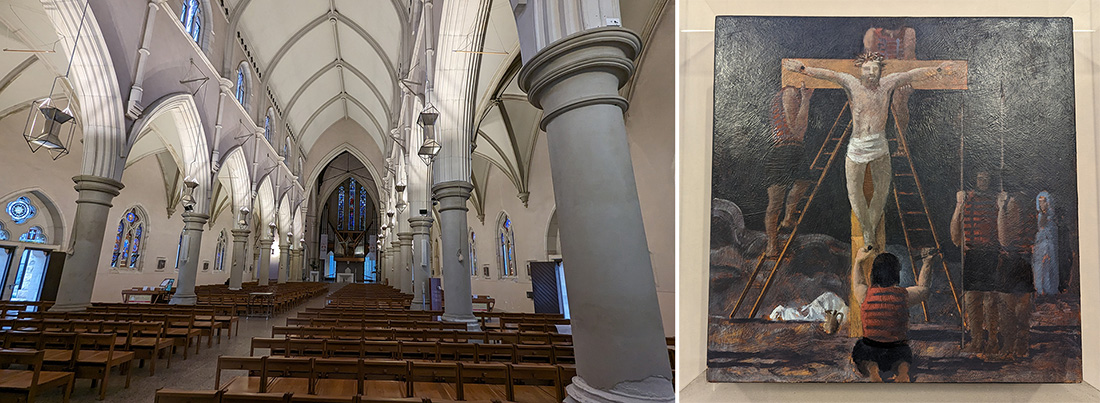 左圖：聖史蒂芬大教堂內部。右圖：教堂內的苦路14站以油畫呈現。（作者攝影）