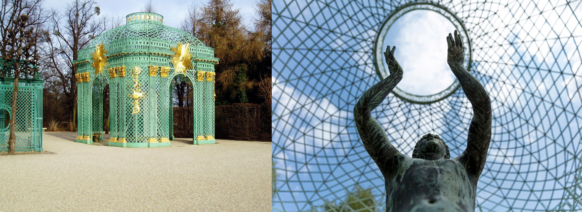 左圖：無憂宮葡萄山露台上，裝飾著鍍金太陽與樂器的格子亭（來源維基）。右圖：無憂宮公園占地廣闊，圖為園內雕塑。