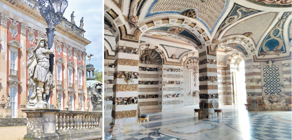 左圖：新宮是巴洛克風格的雄偉宮殿；右圖：新宮獨特的海貝大廳。（作者攝影）