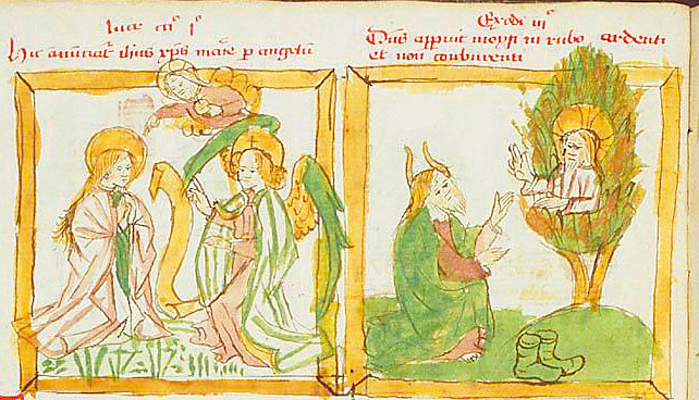 圖2. The Annunciation, Burning Bush; Speculum Humanae Salvationis;: Gabriel announces Christ's birth to Mary; The Hague, RMMW, 10 C 23 , fol. 10v, 83x78; c. 1400-1500