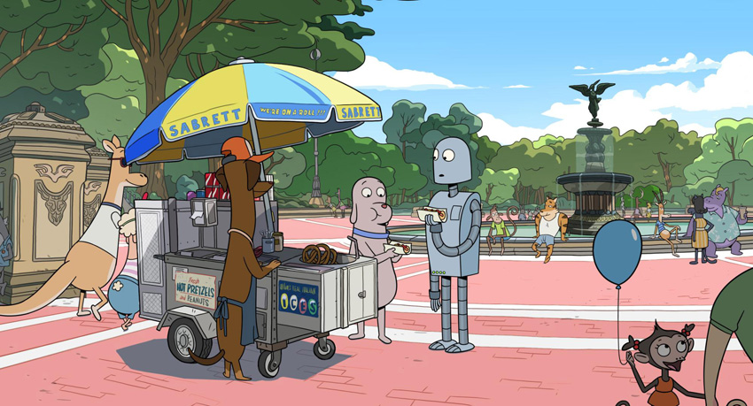 狗先生帶著機器人到公園散步，一起跳舞，一起吃熱狗。（劇照提供：東昊影業）