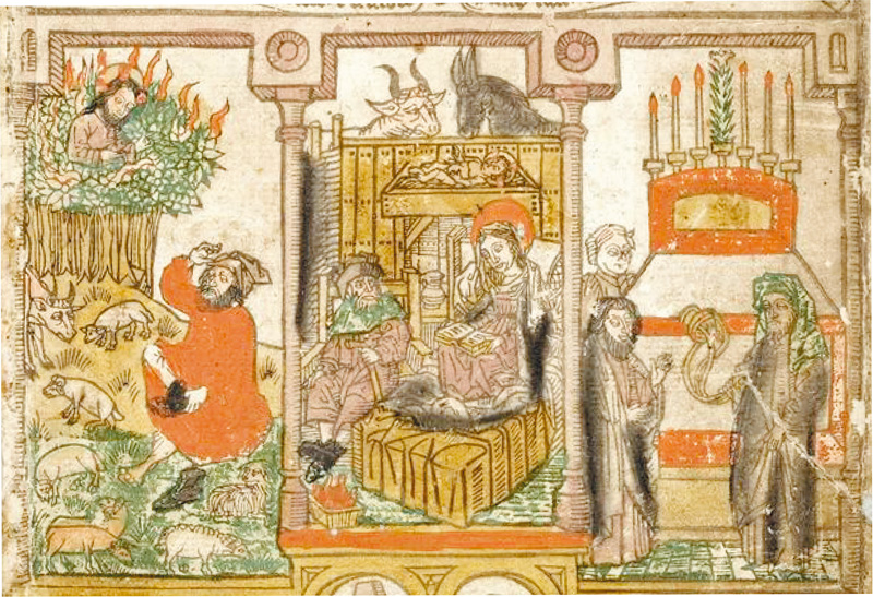 圖4. Moses and the burning bush, Nativity, the Budding of Aaron’s Rod; Biblia pauperum, 15th century; Universitätsbibliothek Heidelberg, Cod. Pal. germ. 34