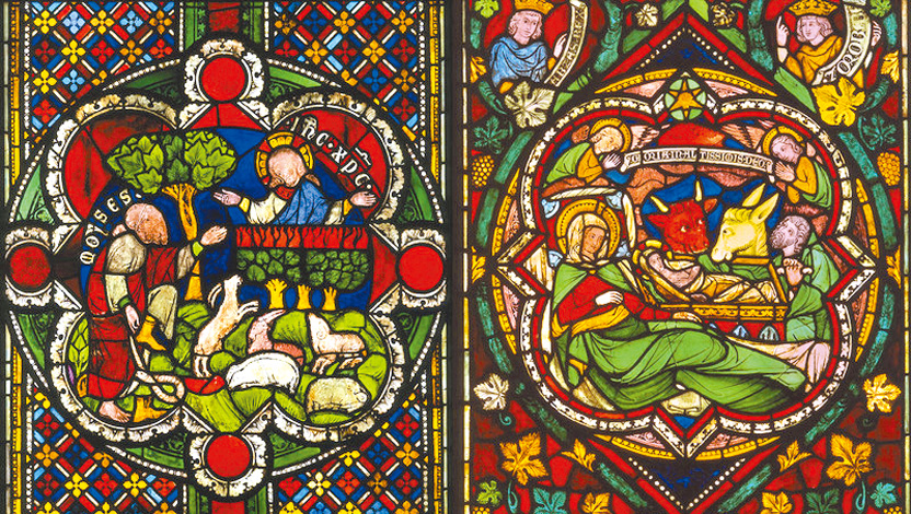 圖3. Moses and the burning bush, Nativity; stained glass in the Stephan chapel in Cologne Cathedral, ca. 1280