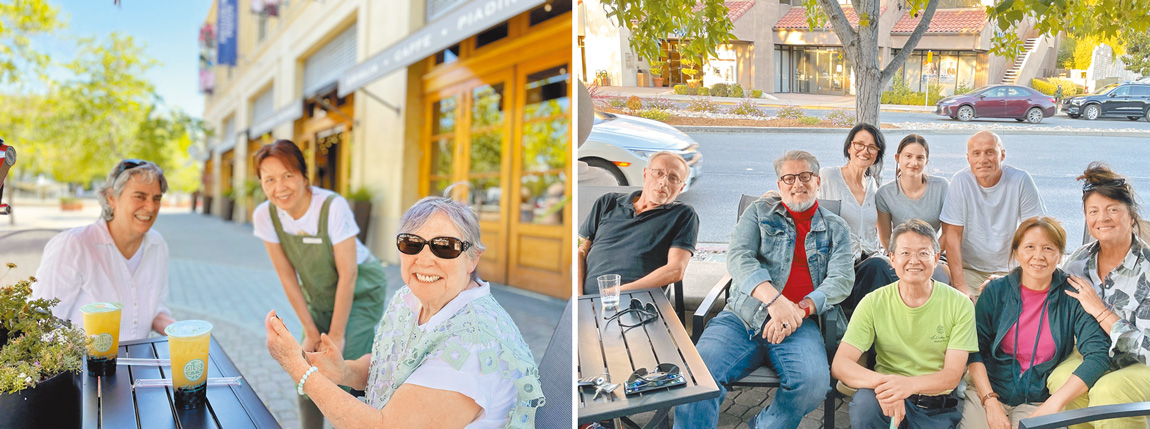 左圖：Echo姊妹遞杯服務和社區朋友們溫暖互動。右圖：來自瑞典的客人和美國家人，在大陽傘椅座區相聚。