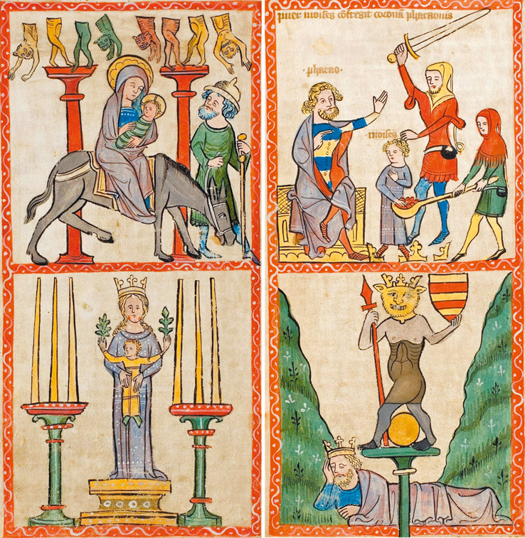 左為圖4. Speculum Humanae Salvationis, Flight into Egypt and falling of the idols; Egyptian goddess; ca. 1360. ULB Darmstadt, Hs 2505, fol. 22v　右為圖5. Speculum Humanae Salvationis, Moses breaks the crown of the Pharaoh; King Nebuchadnezzar’s dream; ca. 1360. ULB Darmstadt, Hs 2505, fol. 23r